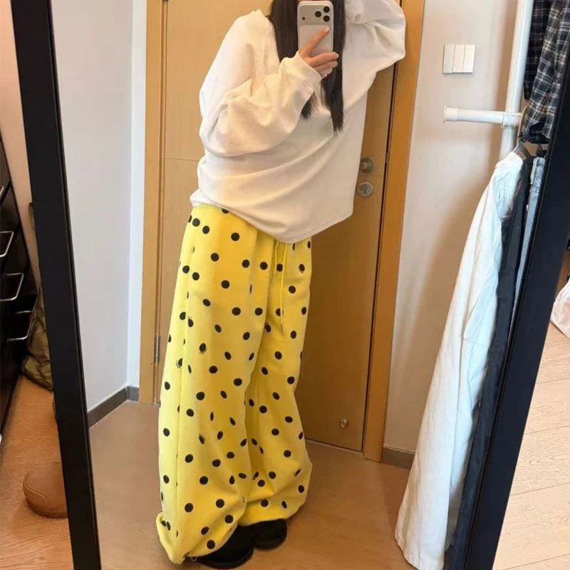 MEXZT Polka Dots Fleece Sweatpants Women Streetwear Baggy Joggers Y2K Harajuku Print Wide Leg Pants Winter Casual Trousers New