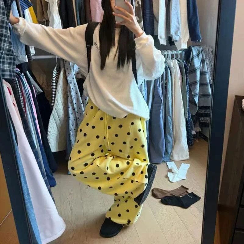 MEXZT Polka Dots Fleece Sweatpants Women Streetwear Baggy Joggers Y2K Harajuku Print Wide Leg Pants Winter Casual Trousers New