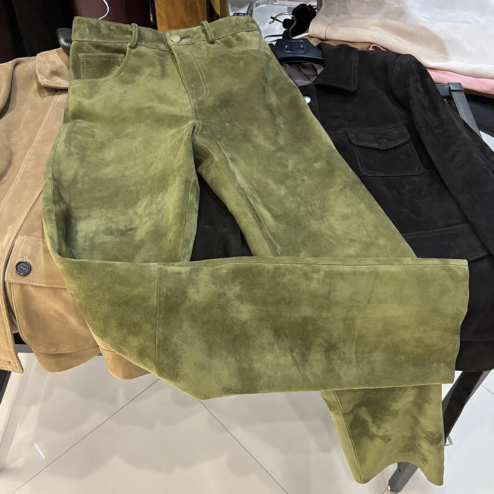 YOLOAgain 2025 Autumn Suede Pants Women Real Leather Straight Trousers Female