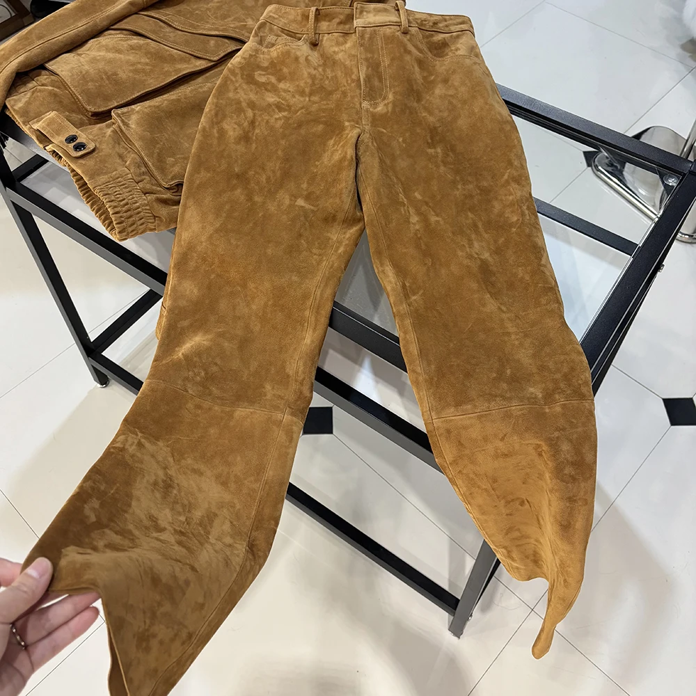 YOLOAgain 2025 Autumn Suede Pants Women Real Leather Straight Trousers Female