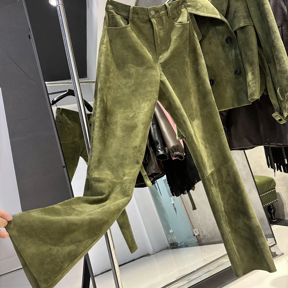 YOLOAgain 2025 Autumn Suede Pants Women Real Leather Straight Trousers Female