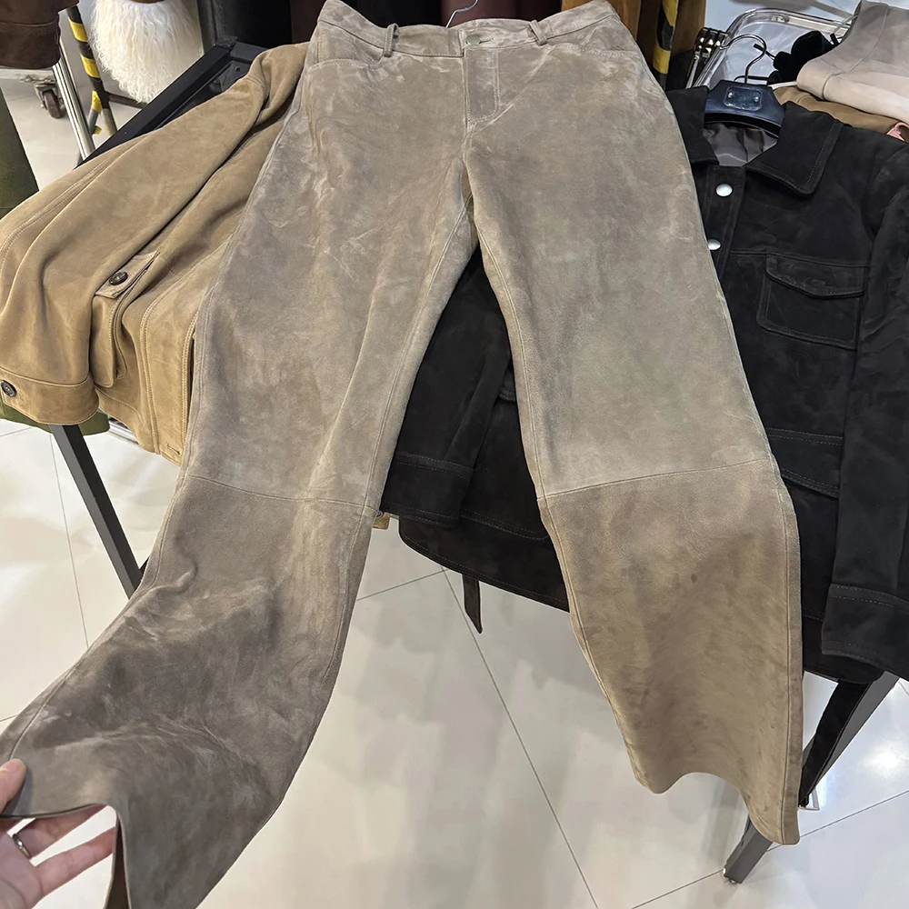 YOLOAgain 2025 Autumn Suede Pants Women Real Leather Straight Trousers Female
