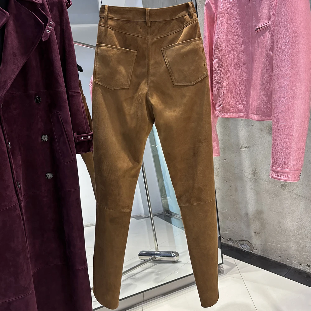 YOLOAgain 2025 Autumn Suede Pants Women Real Leather Straight Trousers Female