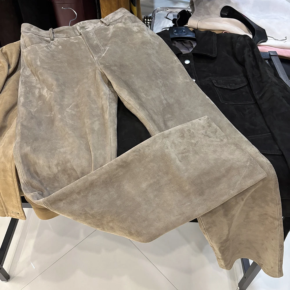 YOLOAgain 2025 Autumn Suede Pants Women Real Leather Straight Trousers Female