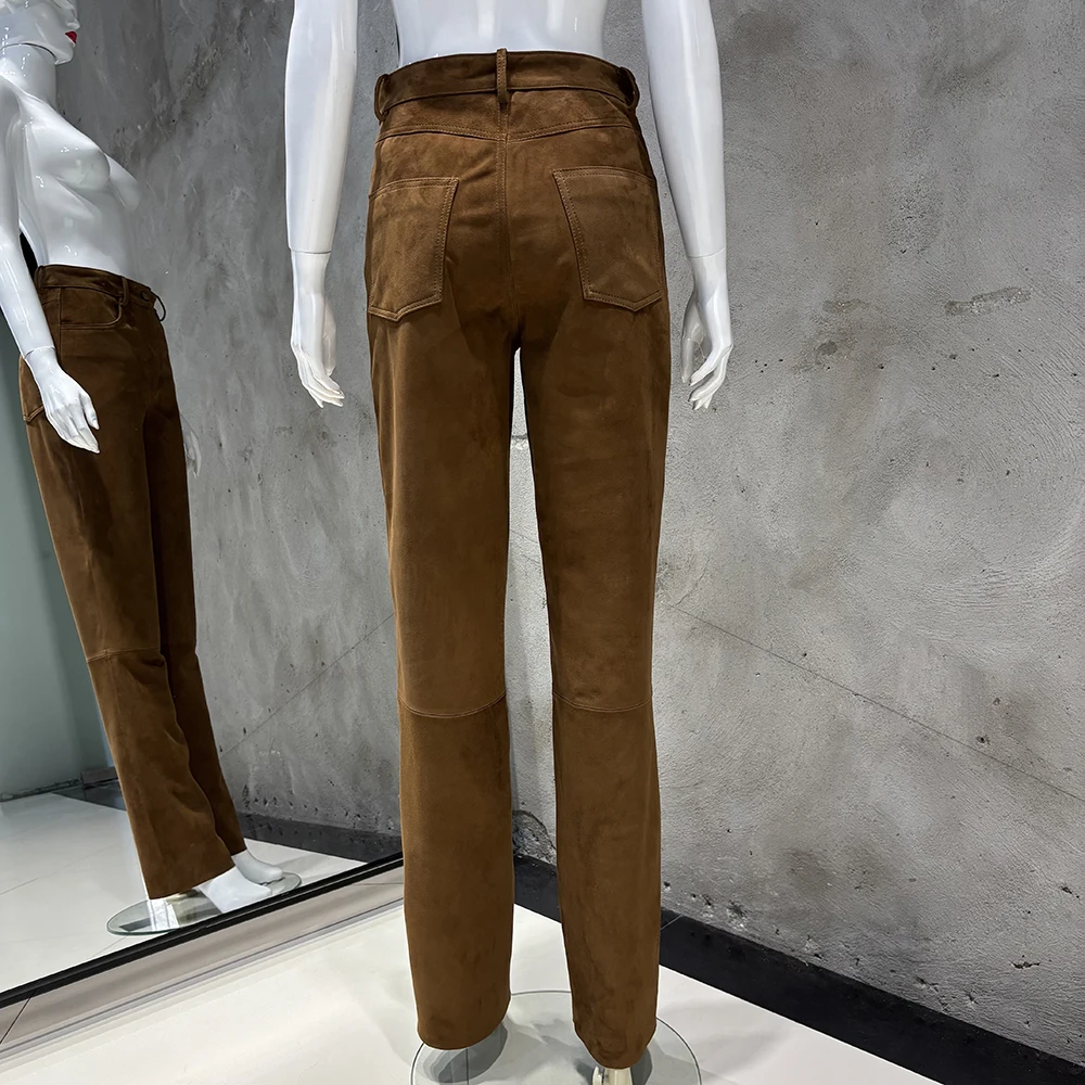 YOLOAgain 2025 Autumn Suede Pants Women Real Leather Straight Trousers Female