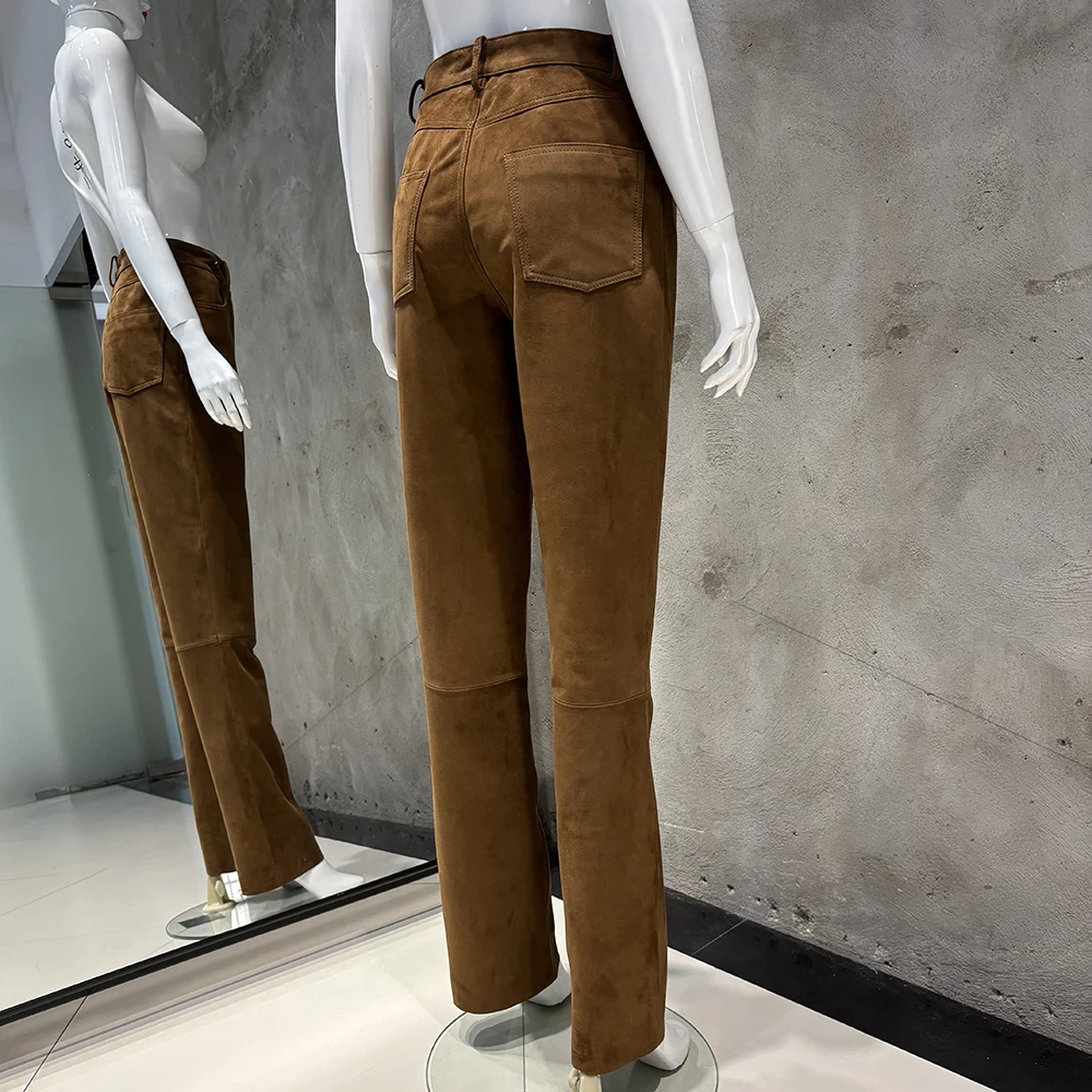YOLOAgain 2025 Autumn Suede Pants Women Real Leather Straight Trousers Female