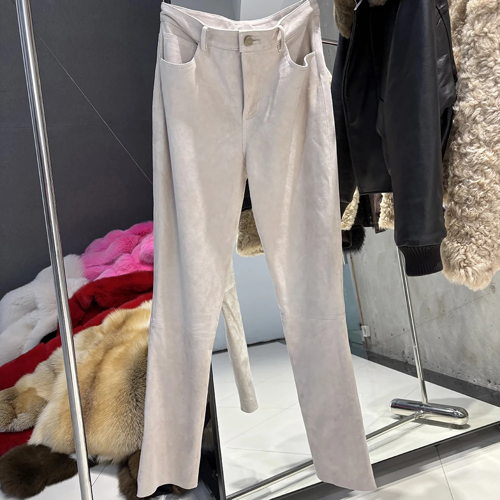 YOLOAgain 2025 Autumn Suede Pants Women Real Leather Straight Trousers Female