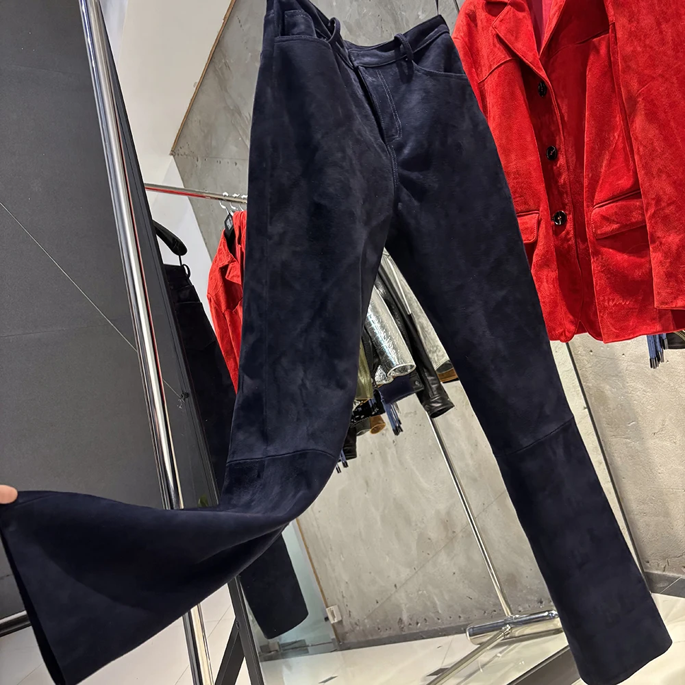 YOLOAgain 2025 Autumn Suede Pants Women Real Leather Straight Trousers Female