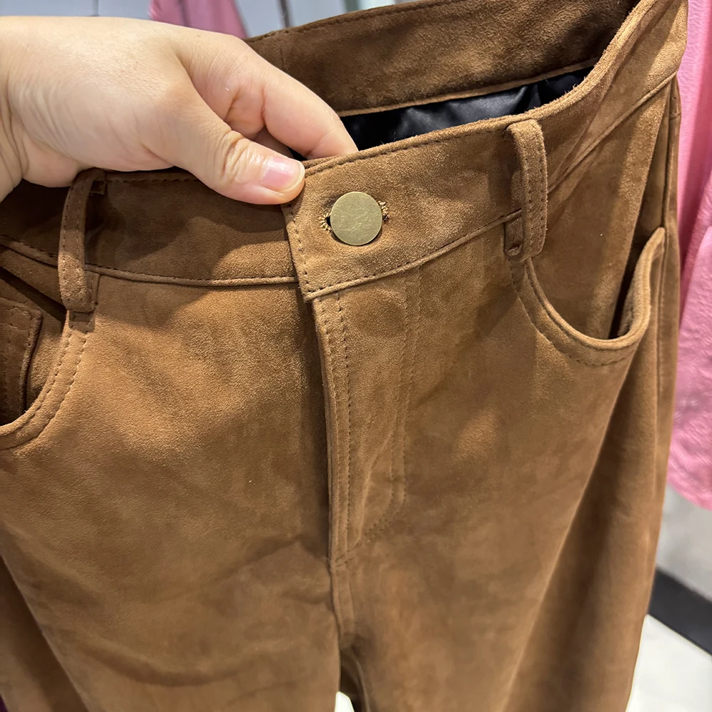 YOLOAgain 2025 Autumn Suede Pants Women Real Leather Straight Trousers Female