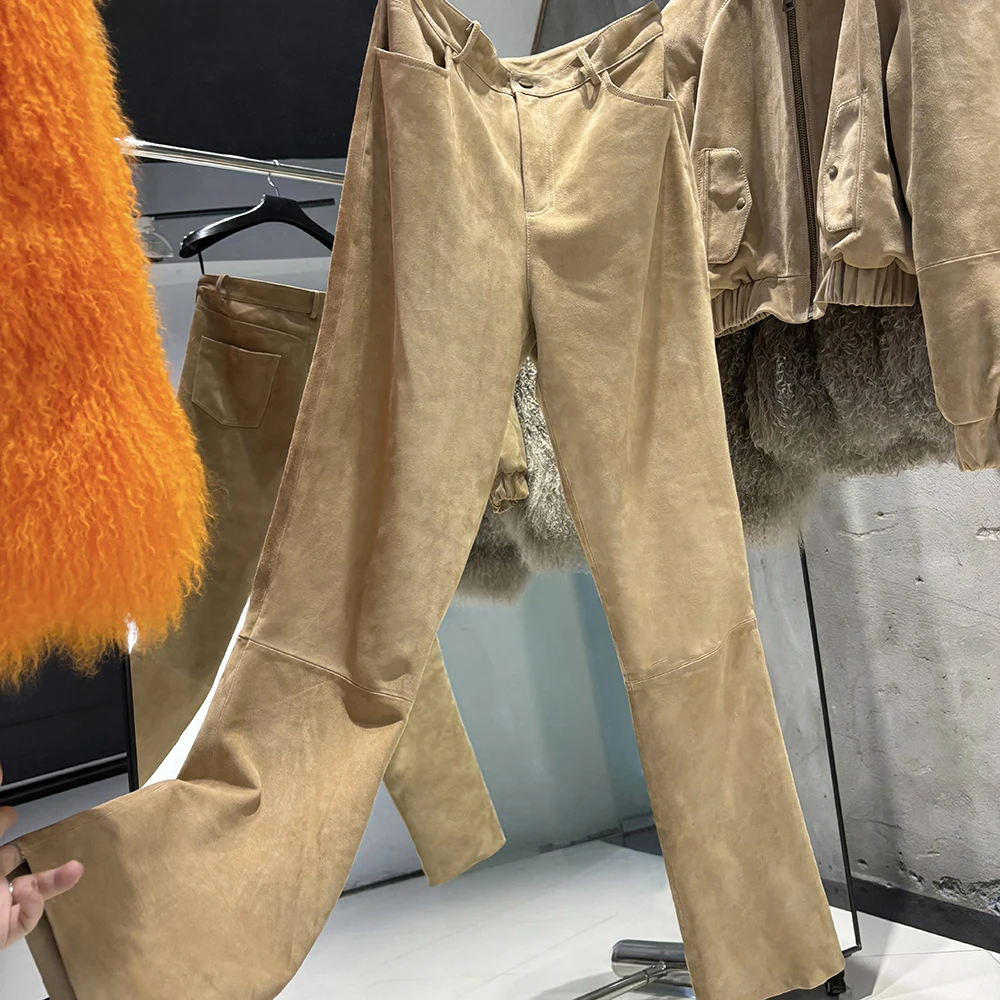 YOLOAgain 2025 Autumn Suede Pants Women Real Leather Straight Trousers Female