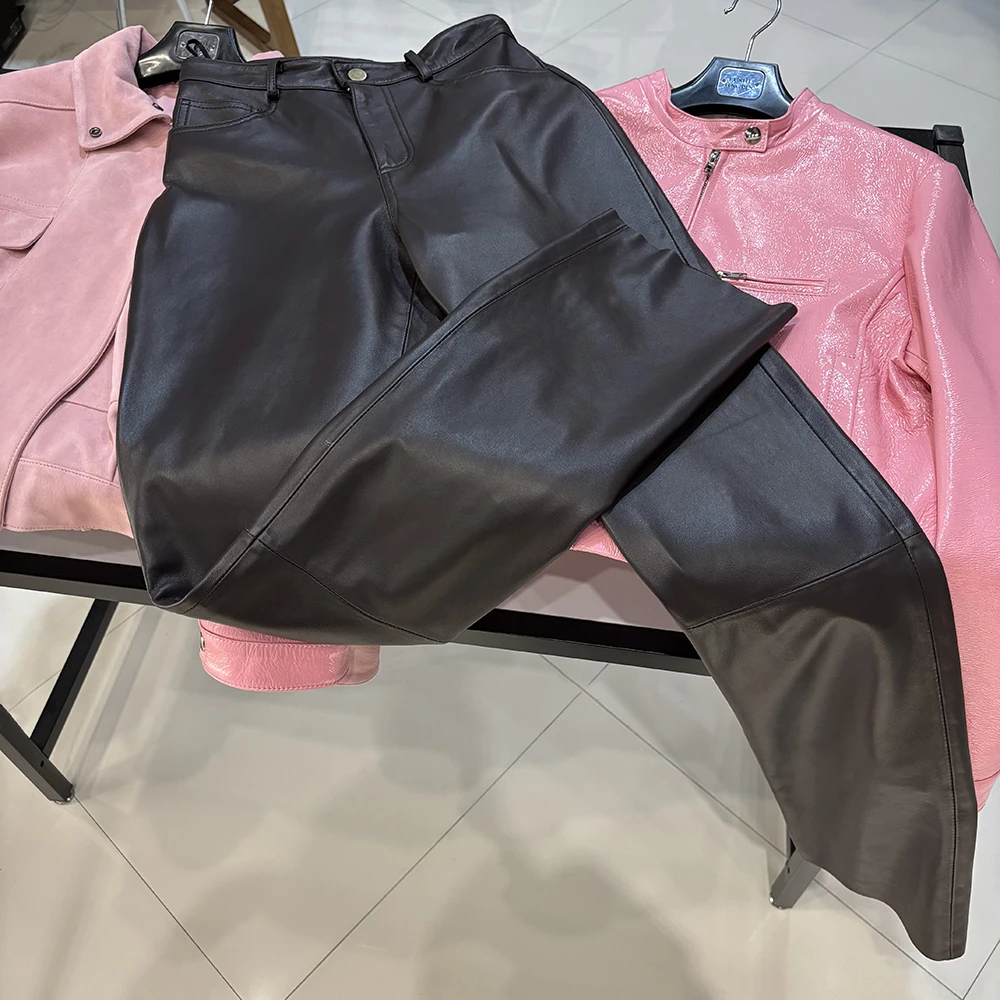 YOLOAgain 2025 Autumn Suede Pants Women Real Leather Straight Trousers Female