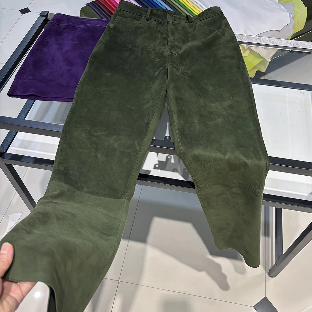 YOLOAgain 2025 Autumn Suede Pants Women Real Leather Straight Trousers Female
