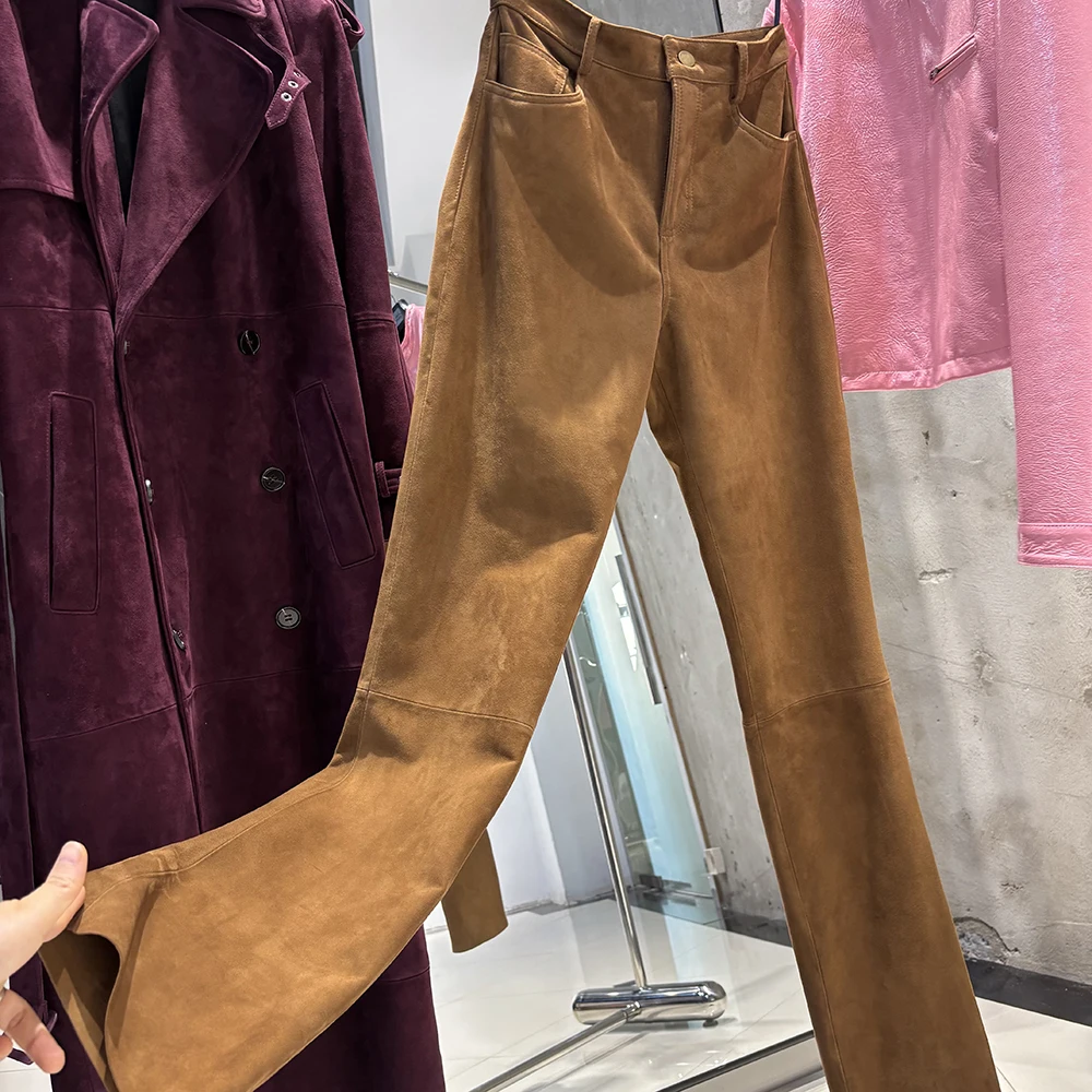 YOLOAgain 2025 Autumn Suede Pants Women Real Leather Straight Trousers Female