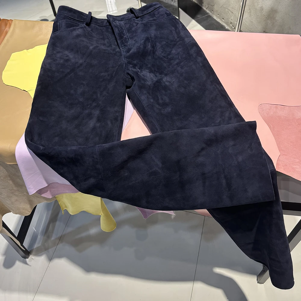 YOLOAgain 2025 Autumn Suede Pants Women Real Leather Straight Trousers Female