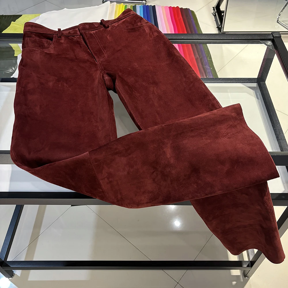 YOLOAgain 2025 Autumn Suede Pants Women Real Leather Straight Trousers Female