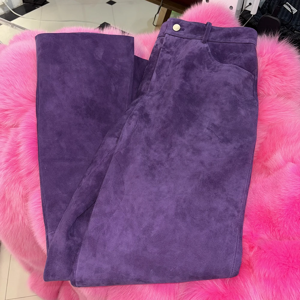 YOLOAgain 2025 Autumn Suede Pants Women Real Leather Straight Trousers Female