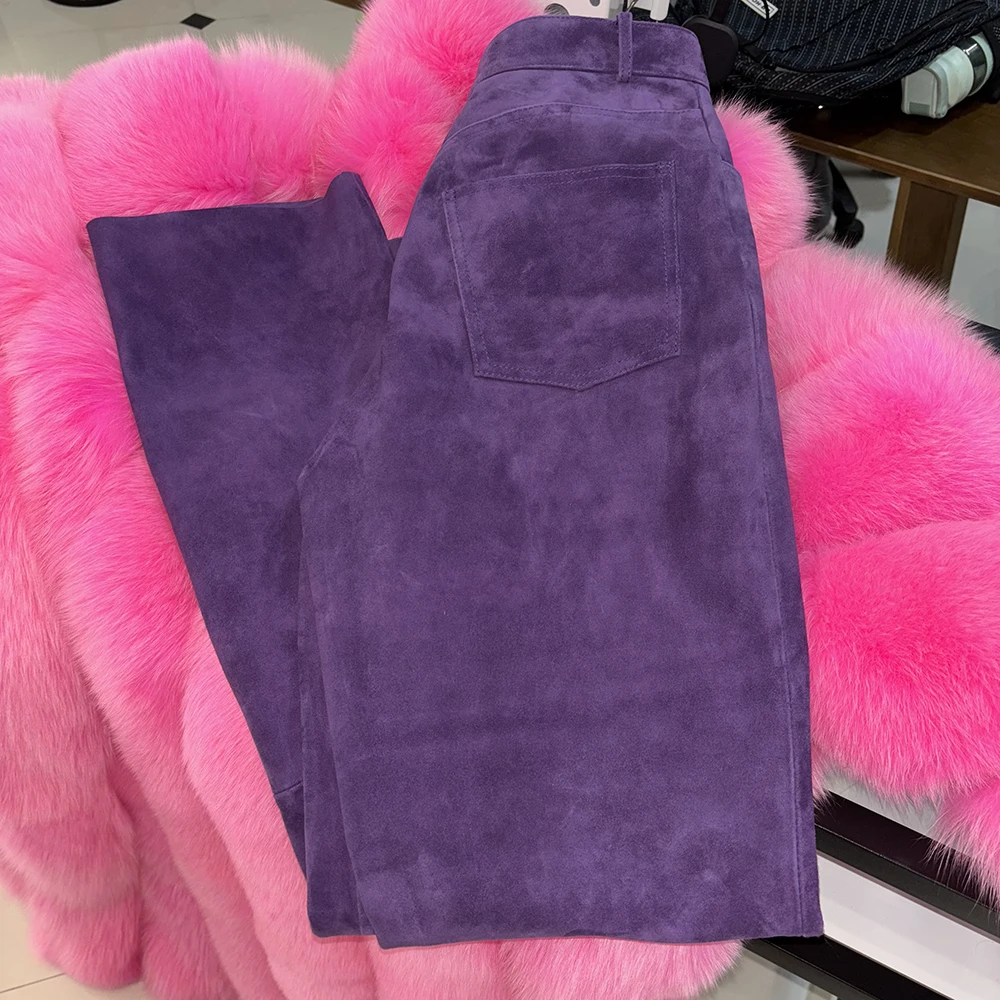 YOLOAgain 2025 Autumn Suede Pants Women Real Leather Straight Trousers Female
