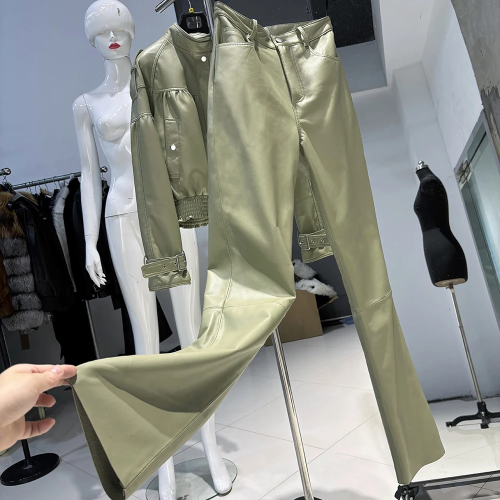 YOLOAgain 2025 Autumn Suede Pants Women Real Leather Straight Trousers Female