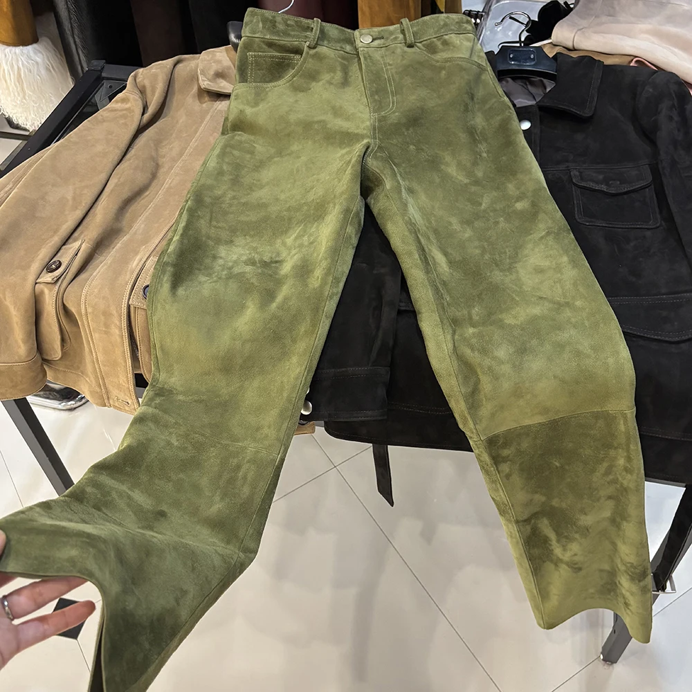 YOLOAgain 2025 Autumn Suede Pants Women Real Leather Straight Trousers Female