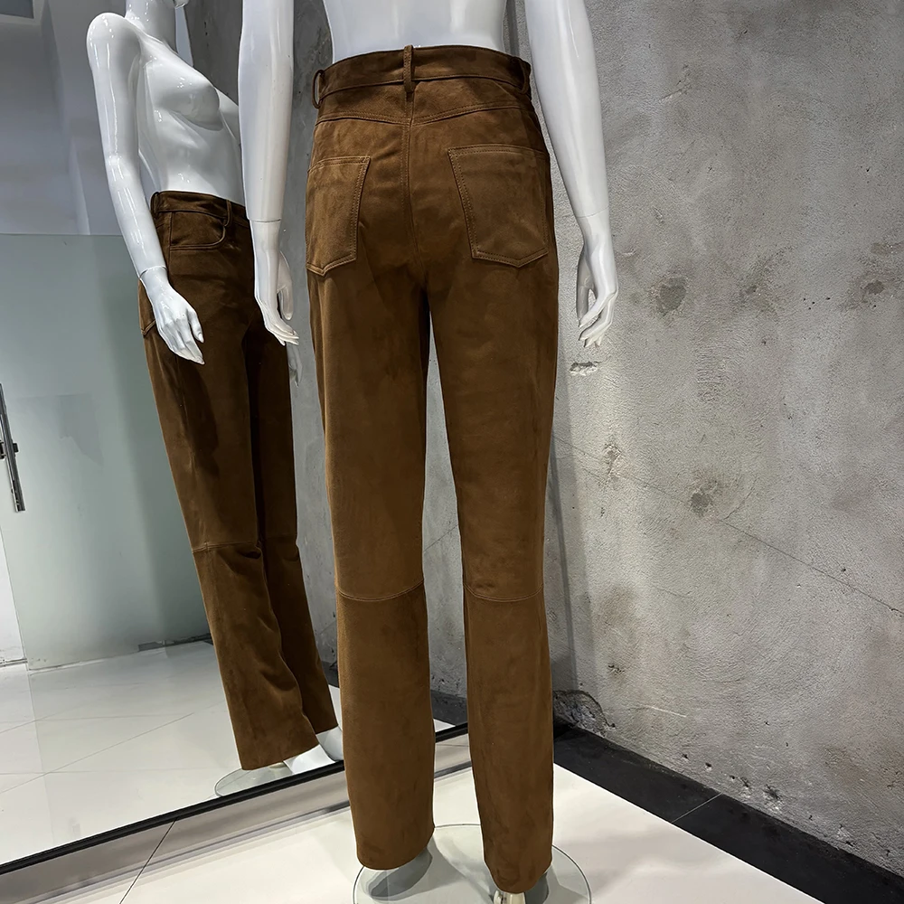 YOLOAgain 2025 Autumn Suede Pants Women Real Leather Straight Trousers Female