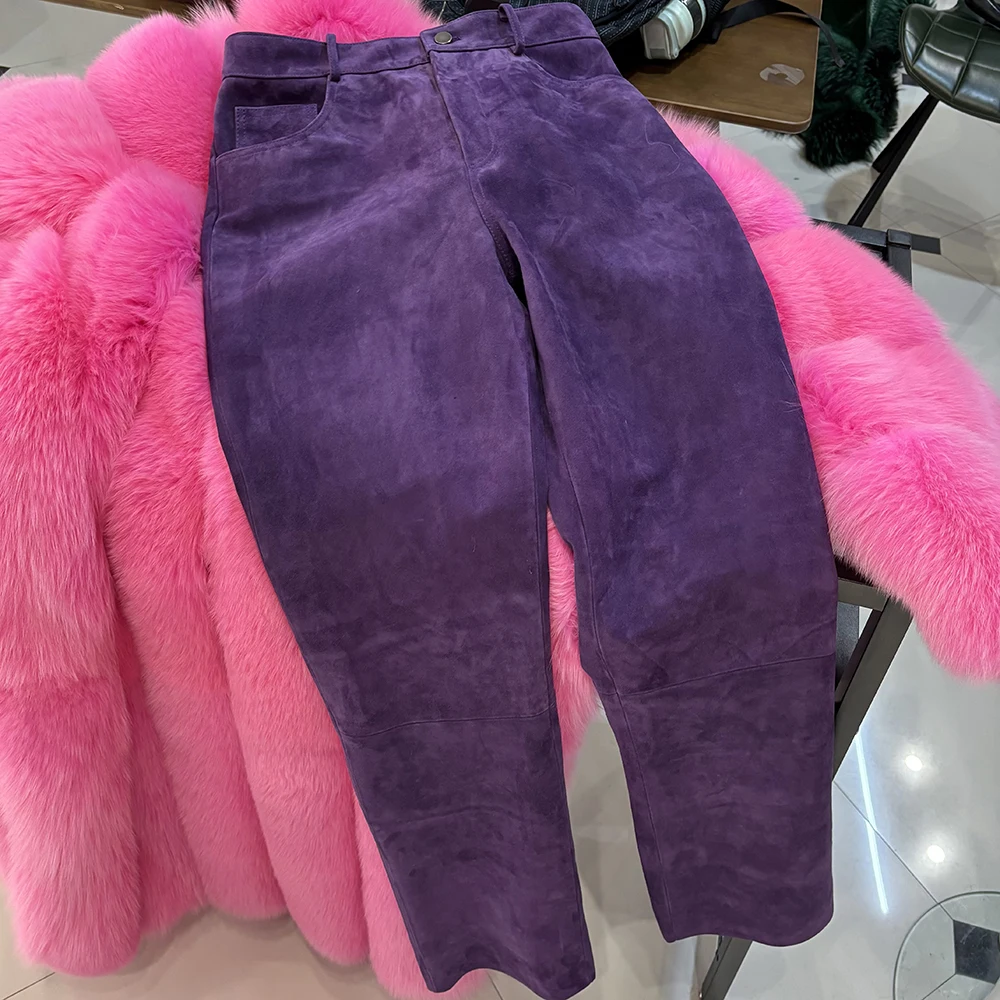 YOLOAgain 2025 Autumn Suede Pants Women Real Leather Straight Trousers Female