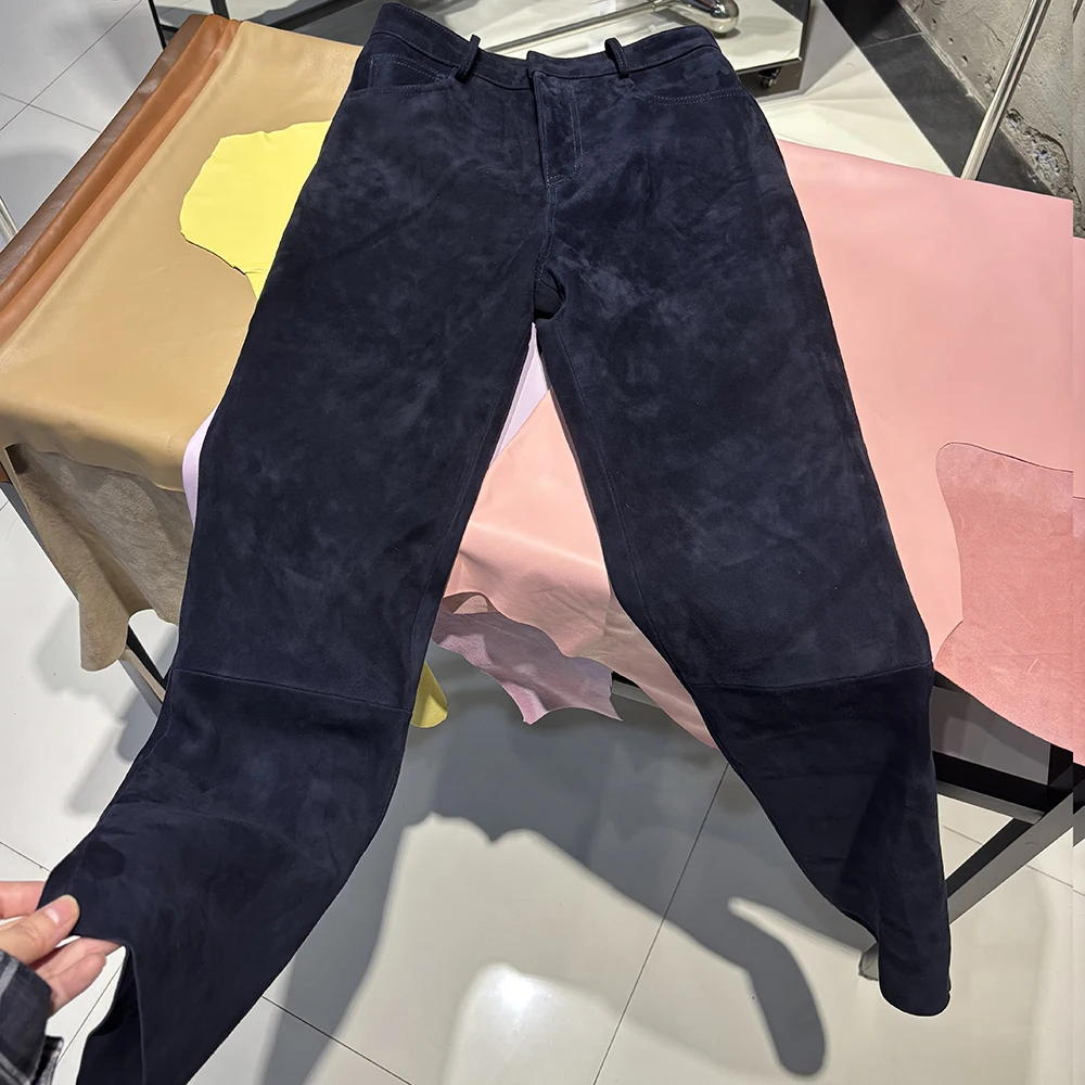 YOLOAgain 2025 Autumn Suede Pants Women Real Leather Straight Trousers Female