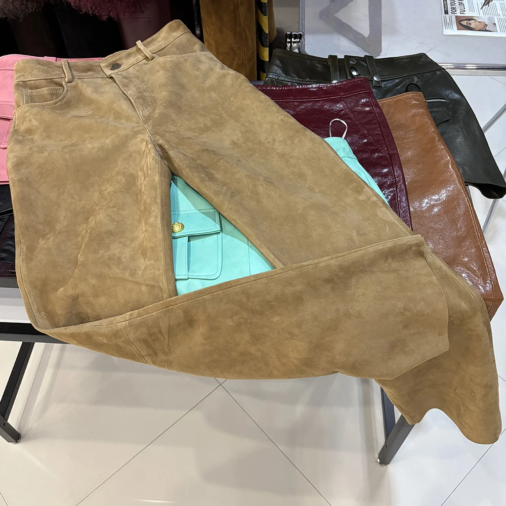 YOLOAgain 2025 Autumn Suede Pants Women Real Leather Straight Trousers Female