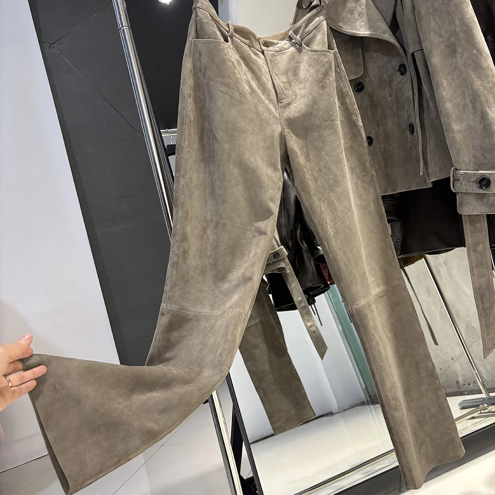 YOLOAgain 2025 Autumn Suede Pants Women Real Leather Straight Trousers Female