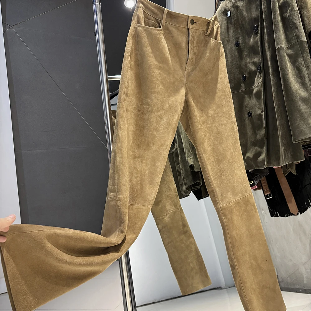 YOLOAgain 2025 Autumn Suede Pants Women Real Leather Straight Trousers Female