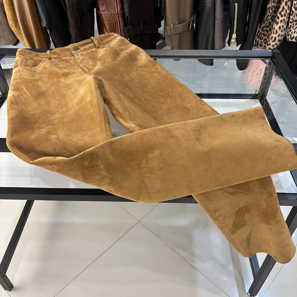 YOLOAgain 2025 Autumn Suede Pants Women Real Leather Straight Trousers Female