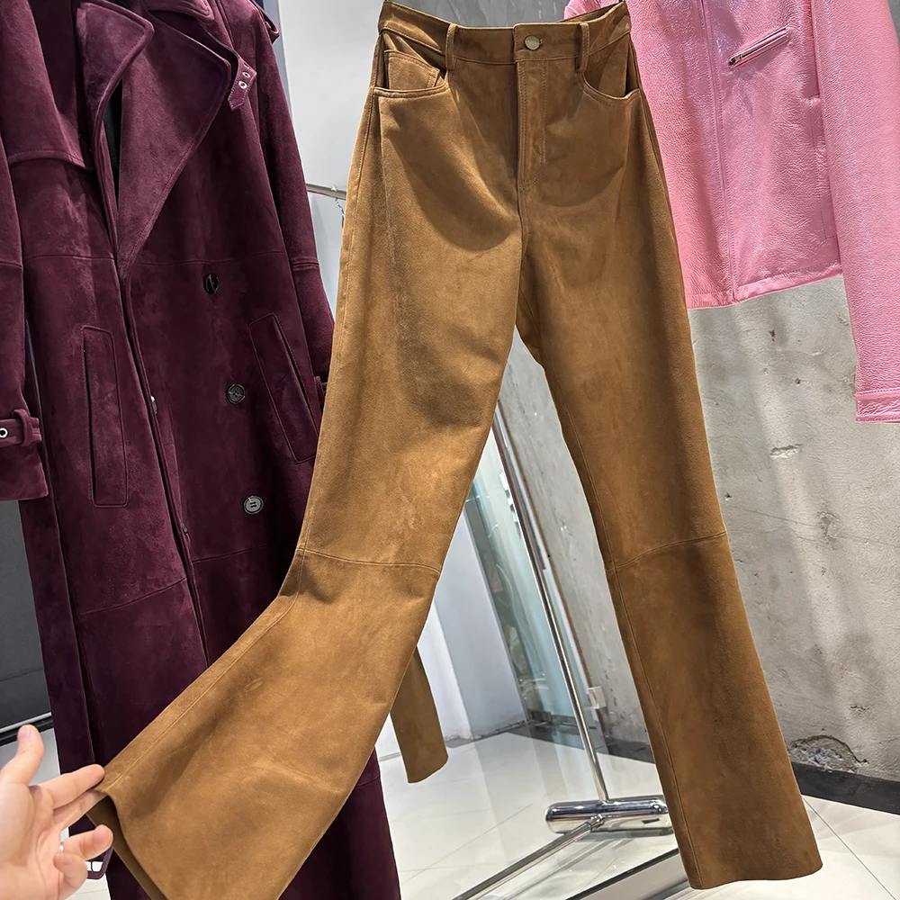 YOLOAgain 2025 Autumn Suede Pants Women Real Leather Straight Trousers Female