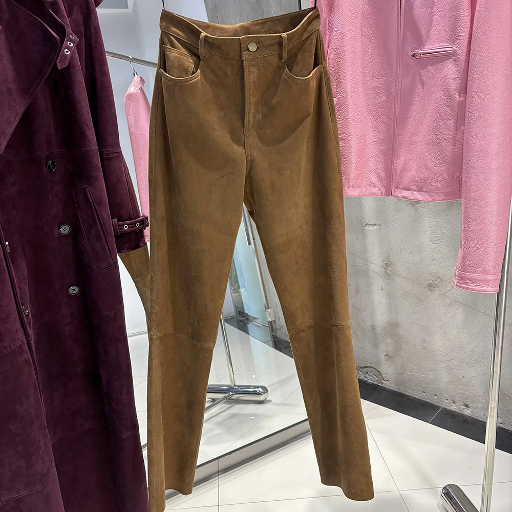 YOLOAgain 2025 Autumn Suede Pants Women Real Leather Straight Trousers Female