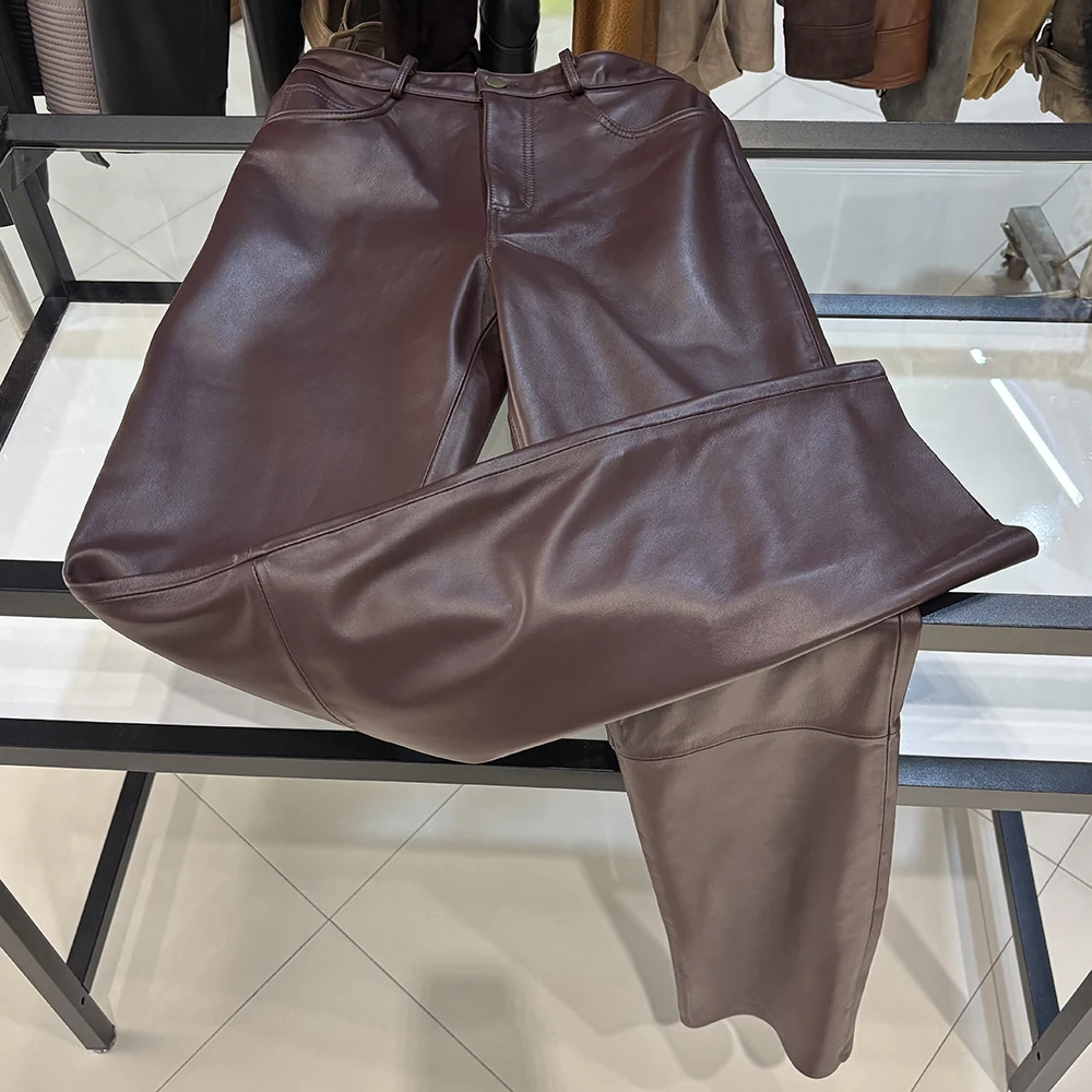 YOLOAgain 2025 Autumn Suede Pants Women Real Leather Straight Trousers Female