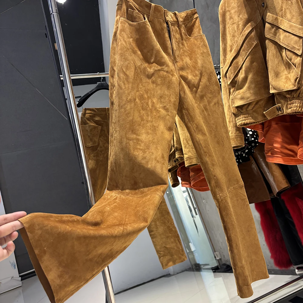 YOLOAgain 2025 Autumn Suede Pants Women Real Leather Straight Trousers Female