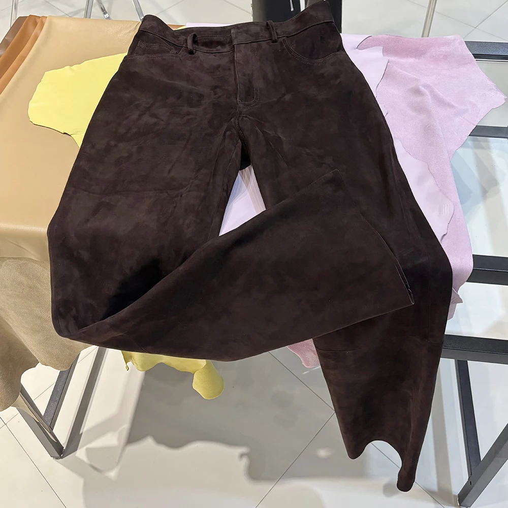 YOLOAgain 2025 Autumn Suede Pants Women Real Leather Straight Trousers Female