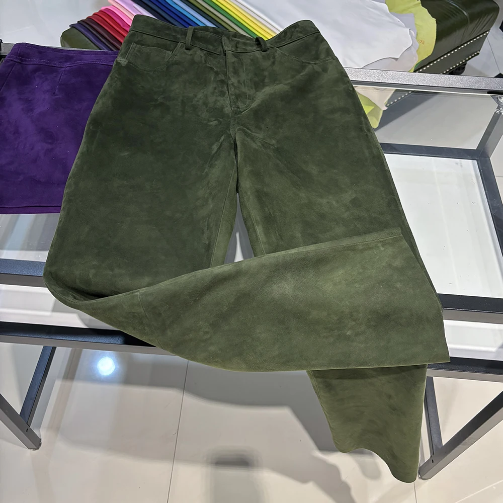 YOLOAgain 2025 Autumn Suede Pants Women Real Leather Straight Trousers Female