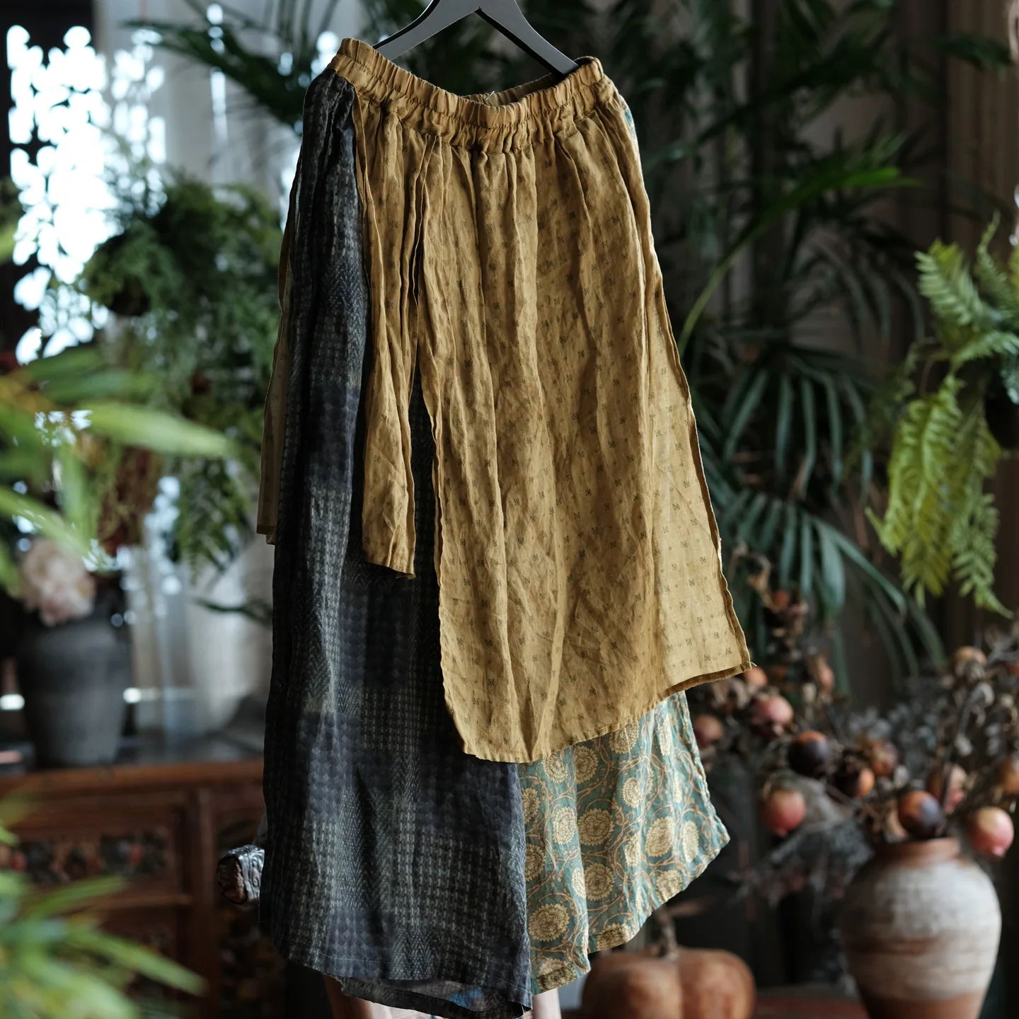 100% Ramie Women Ankle-length Casual Pants New 2026 Summer Vintage Style Patchwork Print Loose Female Wide Leg Pants M2825