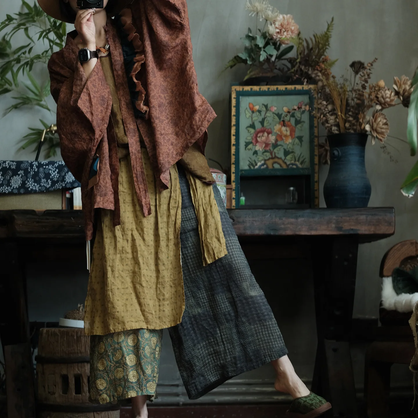 100% Ramie Women Ankle-length Casual Pants New 2026 Summer Vintage Style Patchwork Print Loose Female Wide Leg Pants M2825