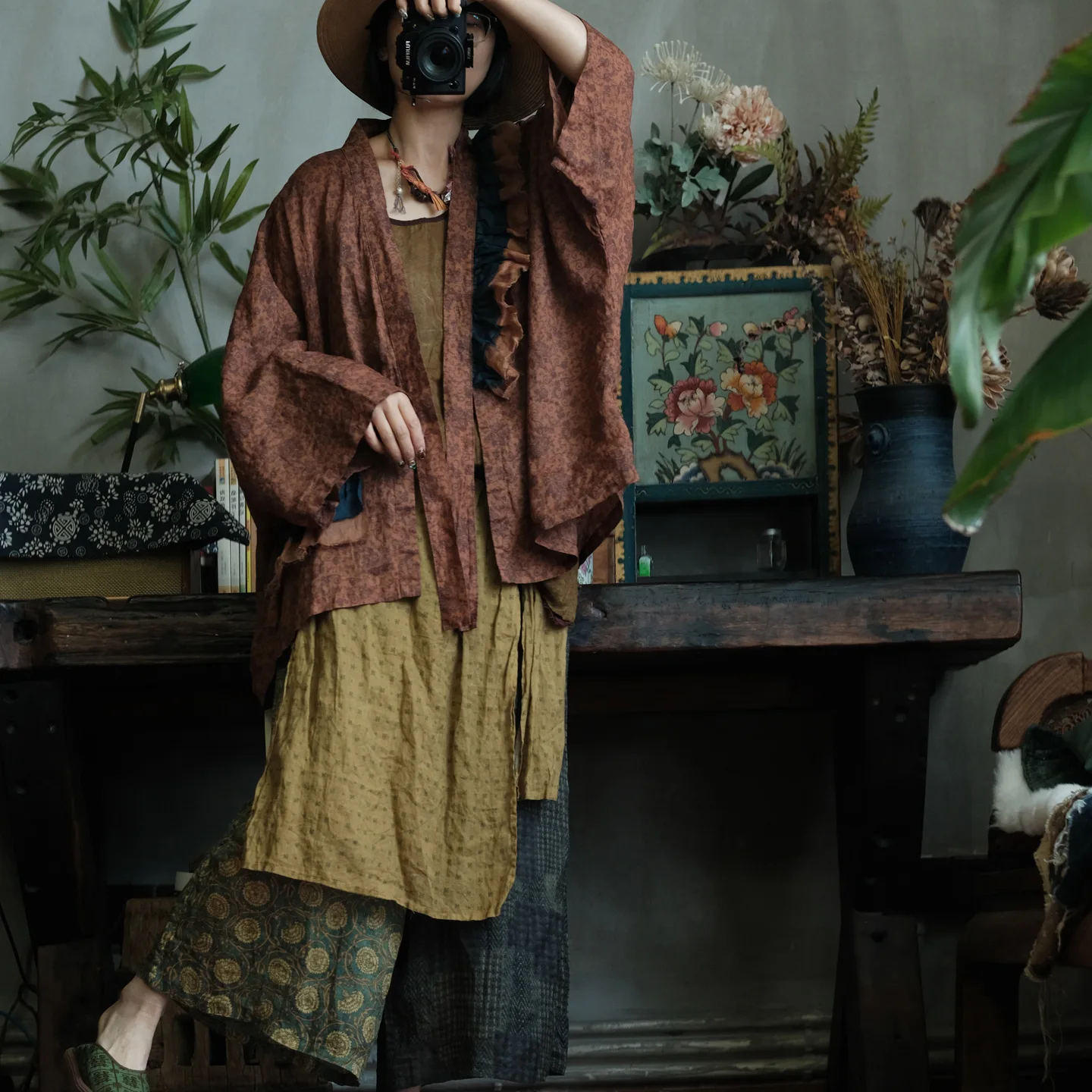 100% Ramie Women Ankle-length Casual Pants New 2026 Summer Vintage Style Patchwork Print Loose Female Wide Leg Pants M2825