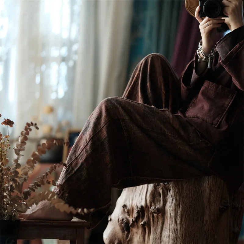 Johnature Women Vintage Print Floral Wide Leg Pants Elastic Waist Cotton Blend Loose Trouser 2025 New Autumn Women Long Pants