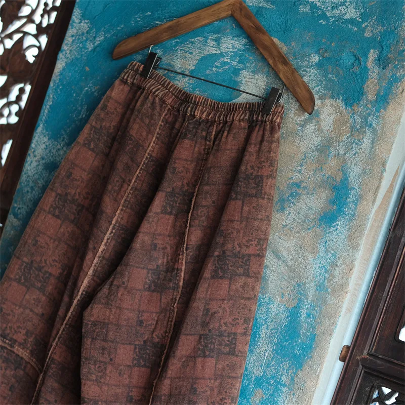 Johnature Women Vintage Print Floral Wide Leg Pants Elastic Waist Cotton Blend Loose Trouser 2025 New Autumn Women Long Pants