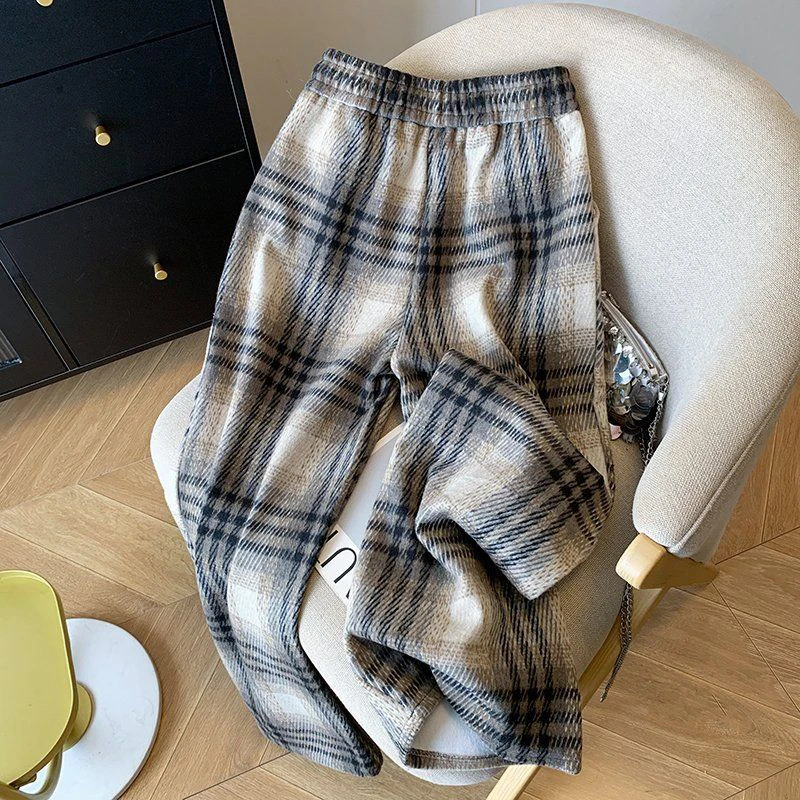 Fall Winter Faux Woolen Plaid Pants Women Loose Vintage High Waist Pockets Straight Trousers New American Retro Streetwear Pant