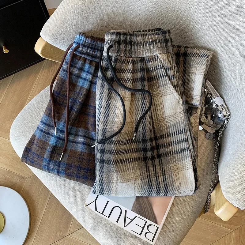Fall Winter Faux Woolen Plaid Pants Women Loose Vintage High Waist Pockets Straight Trousers New American Retro Streetwear Pant