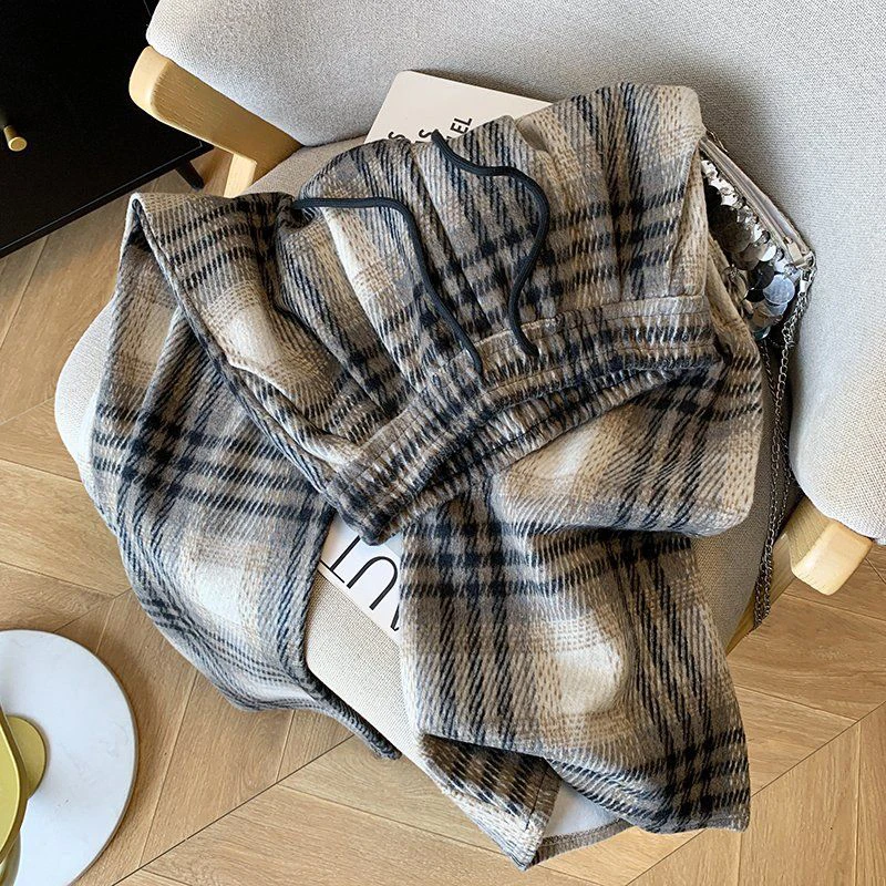 Fall Winter Faux Woolen Plaid Pants Women Loose Vintage High Waist Pockets Straight Trousers New American Retro Streetwear Pant