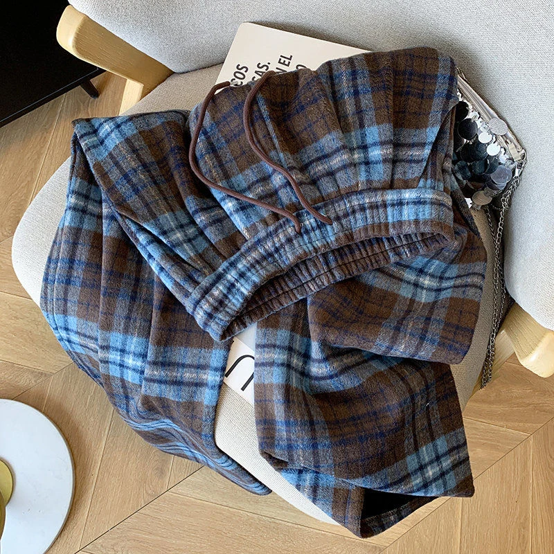Fall Winter Faux Woolen Plaid Pants Women Loose Vintage High Waist Pockets Straight Trousers New American Retro Streetwear Pant