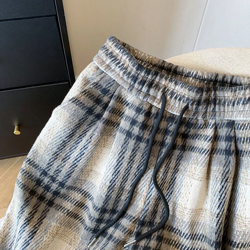 Fall Winter Faux Woolen Plaid Pants Women Loose Vintage High Waist Pockets Straight Trousers New American Retro Streetwear Pant