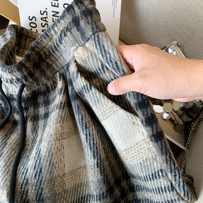 Fall Winter Faux Woolen Plaid Pants Women Loose Vintage High Waist Pockets Straight Trousers New American Retro Streetwear Pant
