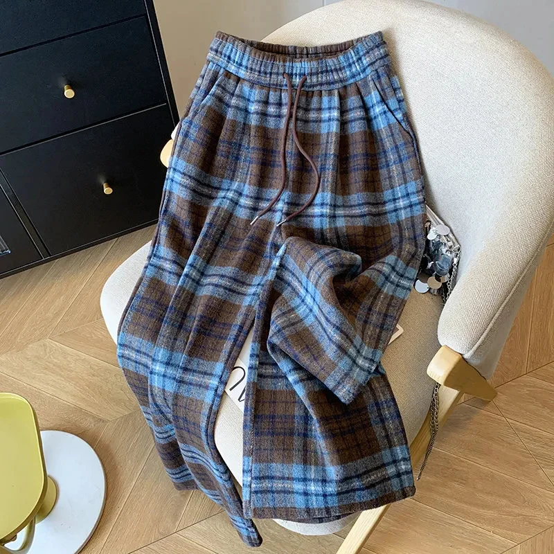 Fall Winter Faux Woolen Plaid Pants Women Loose Vintage High Waist Pockets Straight Trousers New American Retro Streetwear Pant