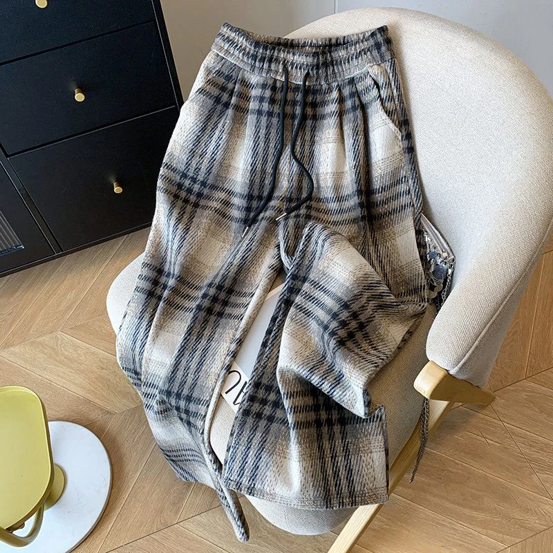 Fall Winter Faux Woolen Plaid Pants Women Loose Vintage High Waist Pockets Straight Trousers New American Retro Streetwear Pant