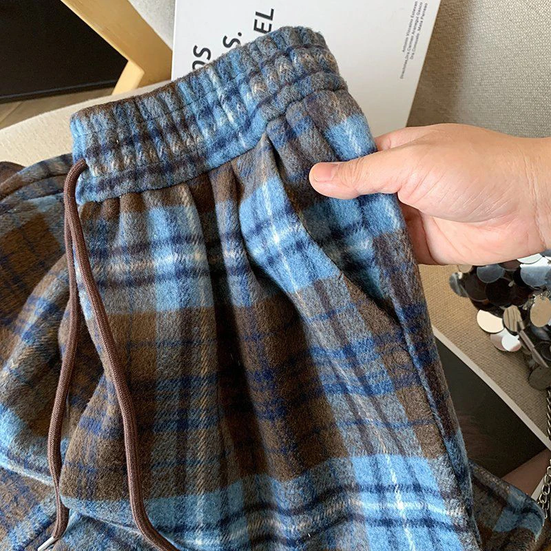 Fall Winter Faux Woolen Plaid Pants Women Loose Vintage High Waist Pockets Straight Trousers New American Retro Streetwear Pant